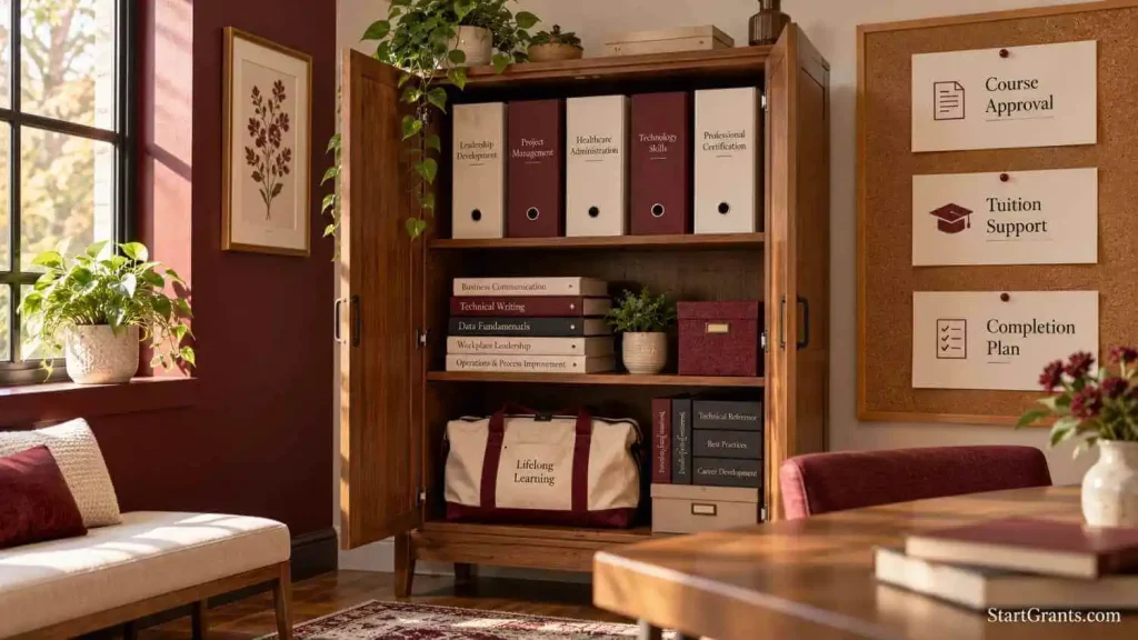 Workplace learning center illustrating employer support alongside scholarships for women over 50.