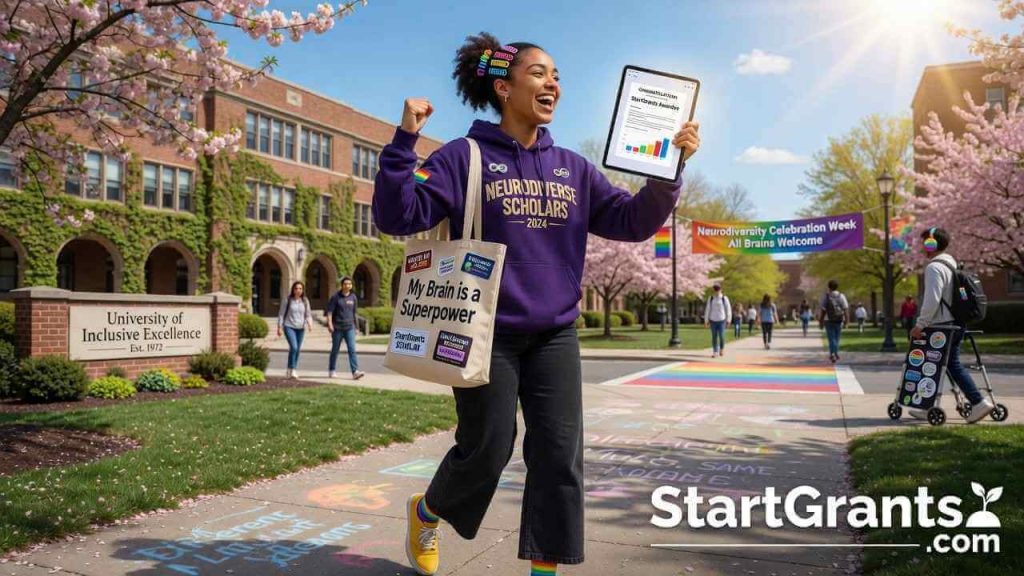 A confident college student with dyslexia walking on a sunny campus holding a tablet