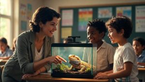 Elementary teacher and young students smiling while observing a bearded dragon in a classroom terrarium