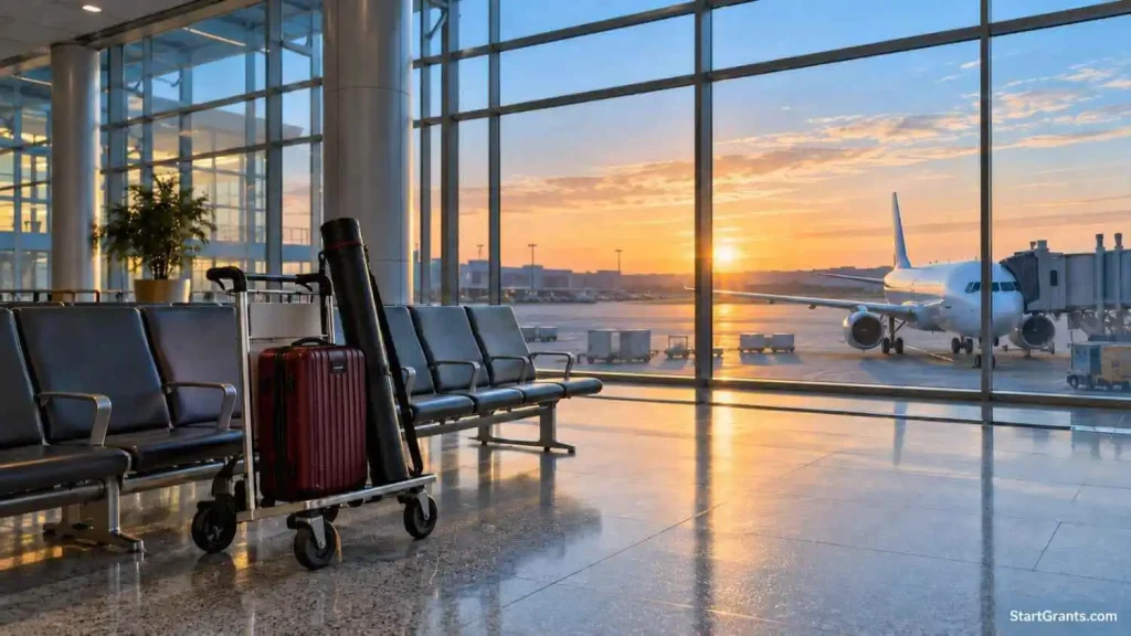 Airport departure lounge with luggage and a poster tube, illustrating travel grants for graduate students.