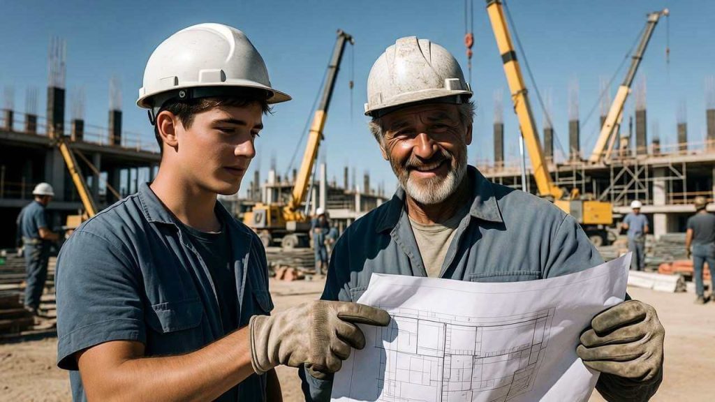 A journeyman teaching a young apprentice on a construction site