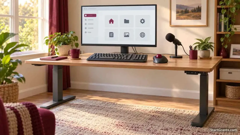 Accessible computer workstation with a large-key keyboard, trackball mouse, and adjustable microphone.