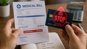 A warning graphic against using high-interest credit cards for dental emergencies.