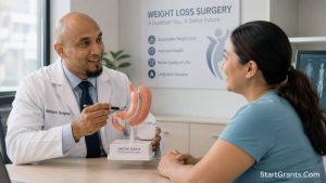 A bariatric surgeon explaining the gastric sleeve procedure to a patient.