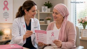 A female patient discussing breast cancer financial assistance with her oncologist.
