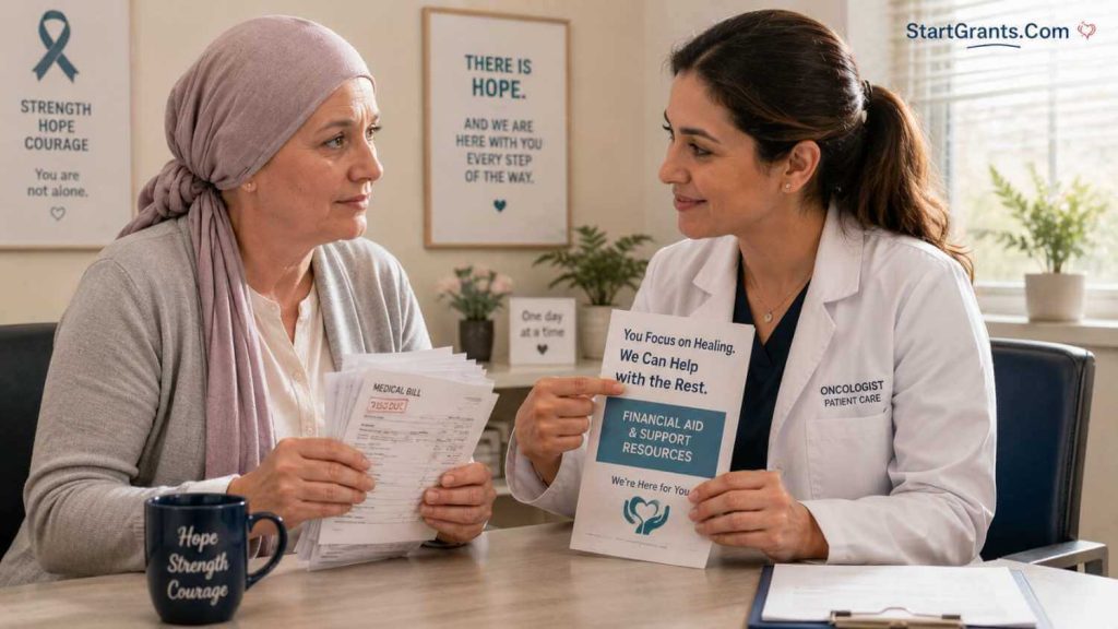 An oncologist discussing financial assistance options with a cancer patient.