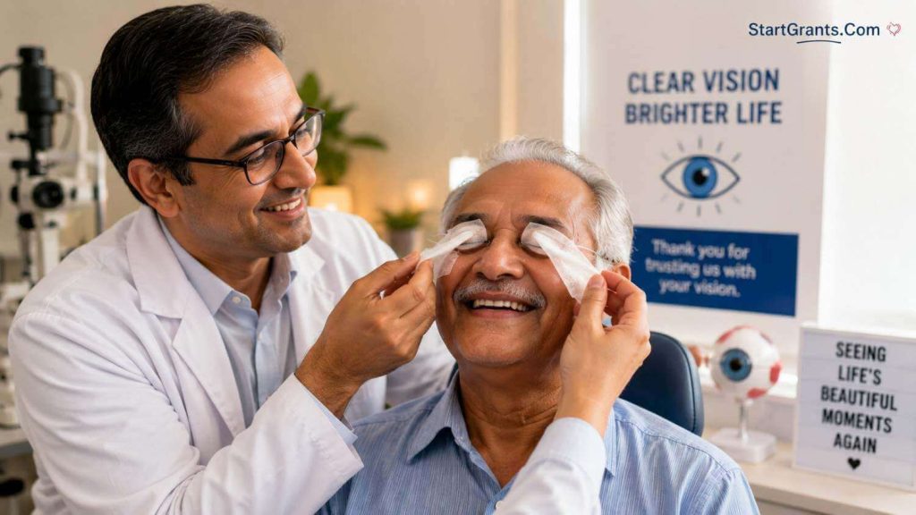 A patient smiling as bandages are removed after cataract surgery.