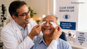 A patient smiling as bandages are removed after cataract surgery.