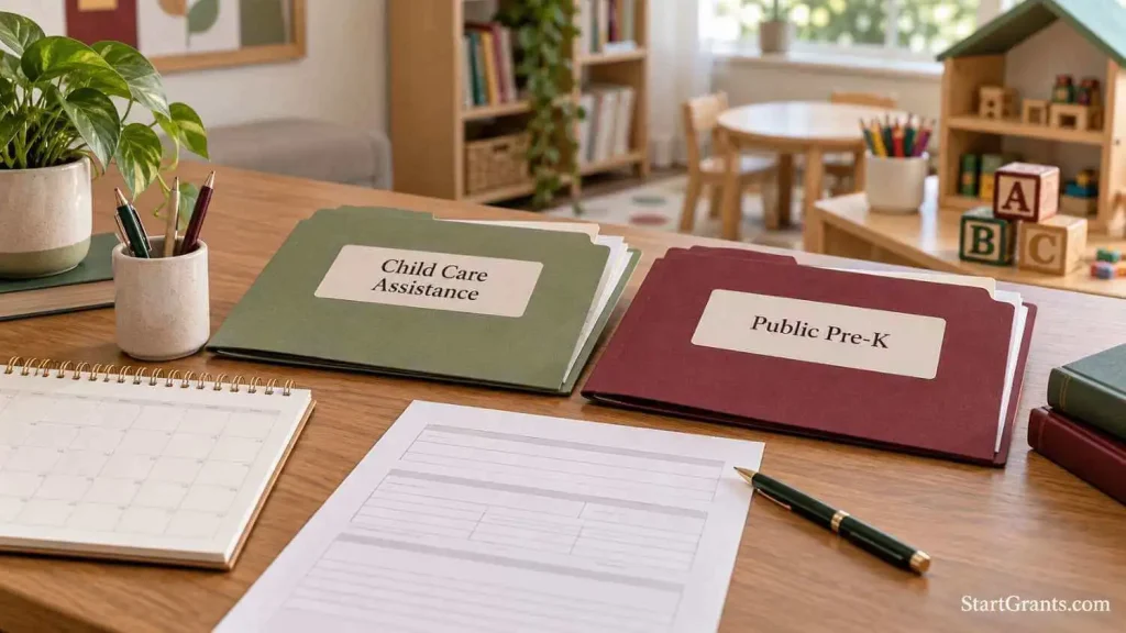 Child care assistance and public pre-K folders beside a blank application form and calendar.