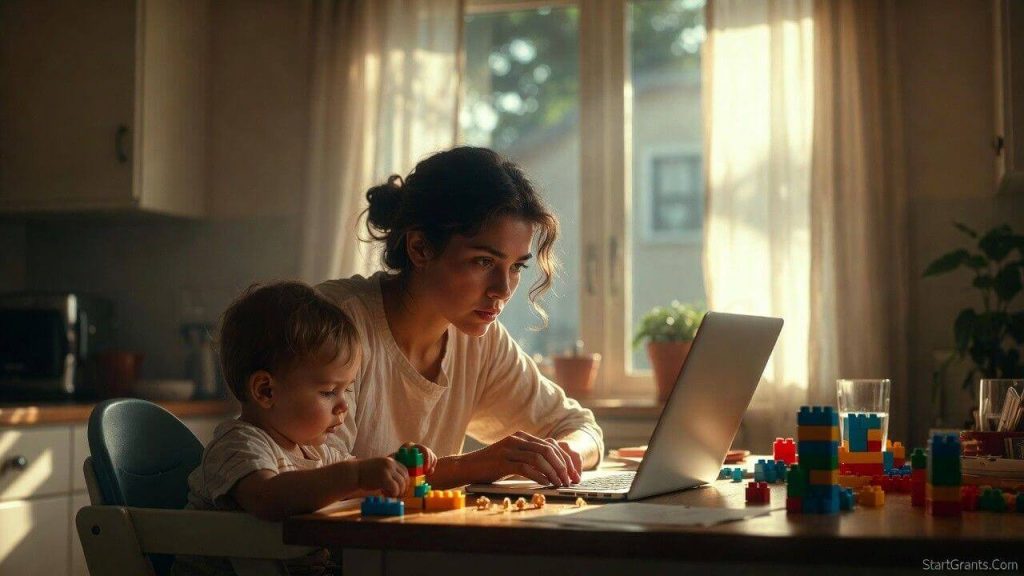 A determined single mother studying on a laptop at her kitchen table while her toddler plays nearby.