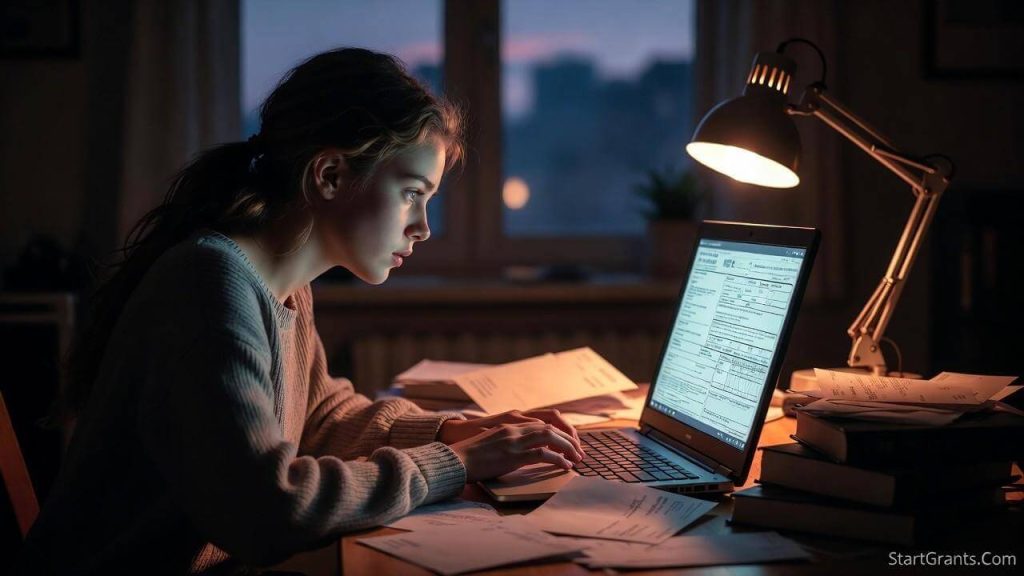 A determined college student sitting at a desk at dusk, trying to apply for hardship grants on a laptop amidst medical bills.