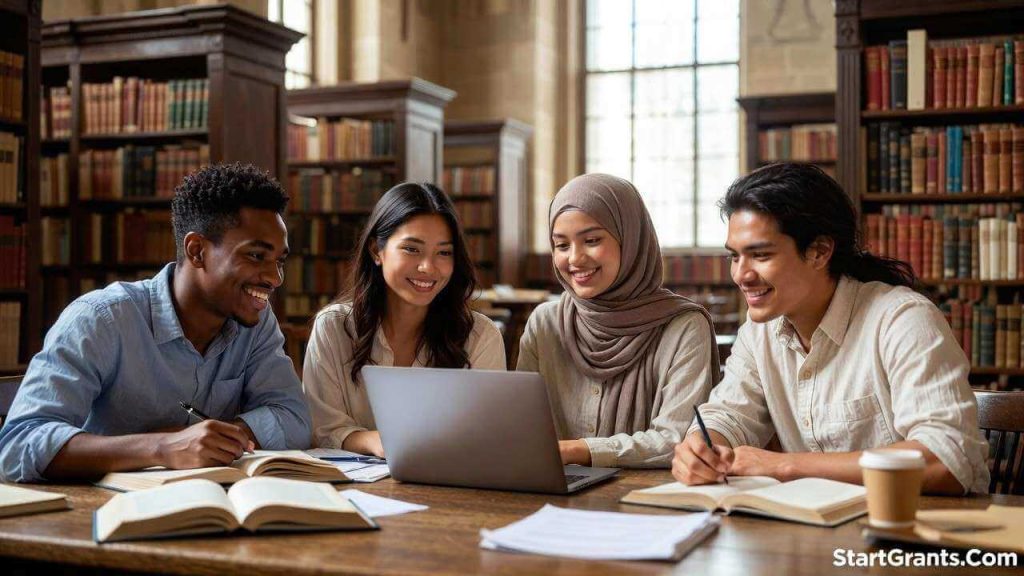 A diverse group of college students representing various demographics and heritages researching private scholarships together.