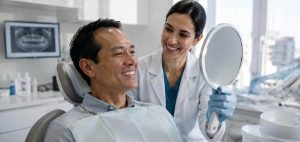 A relieved patient smiling after receiving cosmetic dentistry funded by a dental grant.