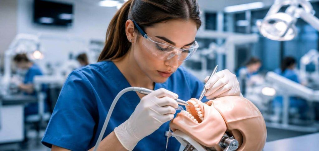 A focused dental hygiene student practicing on a dental model in a university lab.