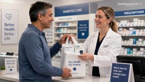 A pharmacist handing diabetes supplies and insulin to a patient.