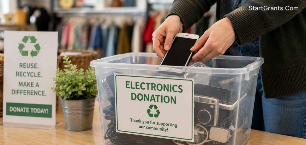 A person dropping an old smartphone into a charity electronics donation bin.