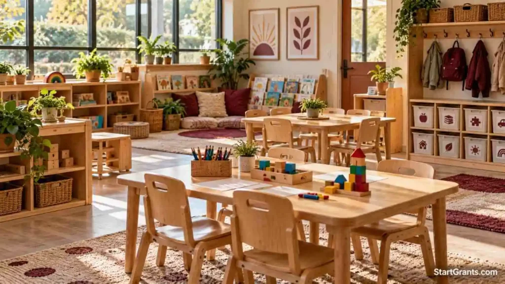 Empty preschool classroom with child-sized tables, bookshelves, and learning blocks.