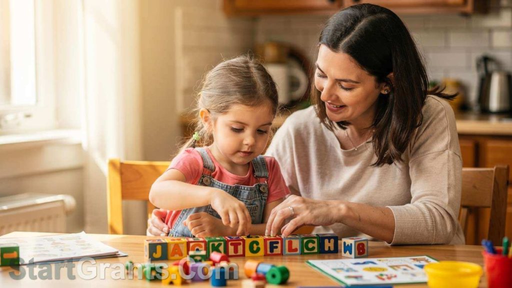 A mother teaching her young daughter at the kitchen table using funded educational materials.