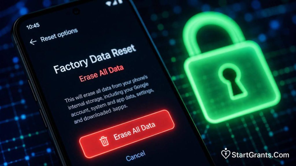 A smartphone screen showing the factory data reset process to erase personal data.