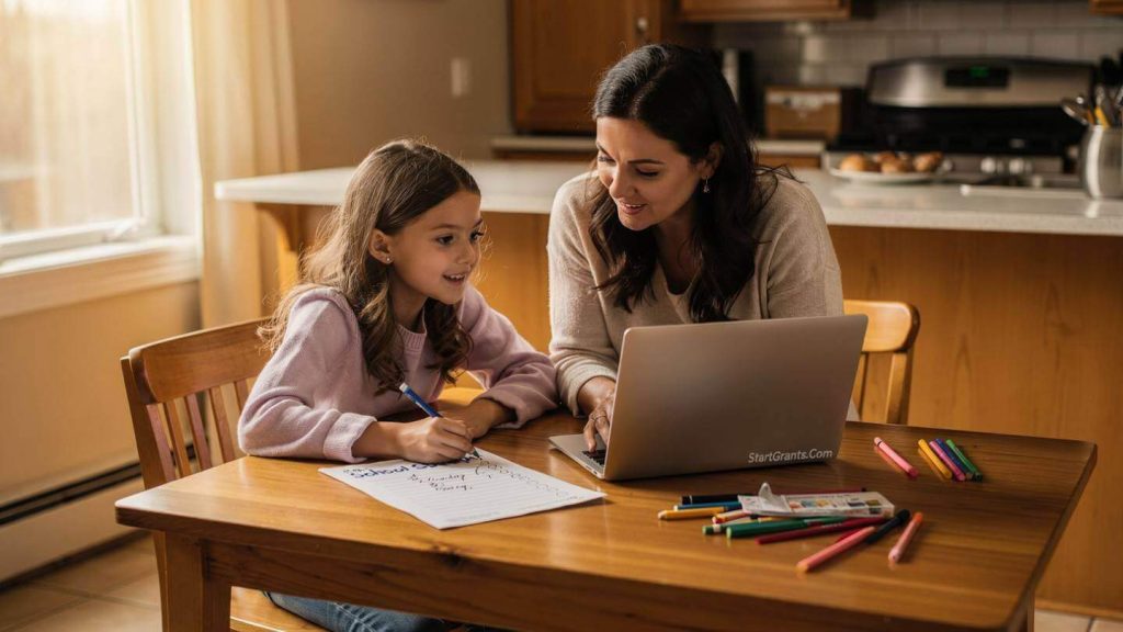 Mother and daughter applying for K-12 student financial assistance online.