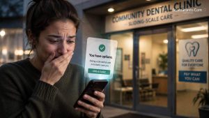 A stressed person finding emergency dental clinics on their smartphone.