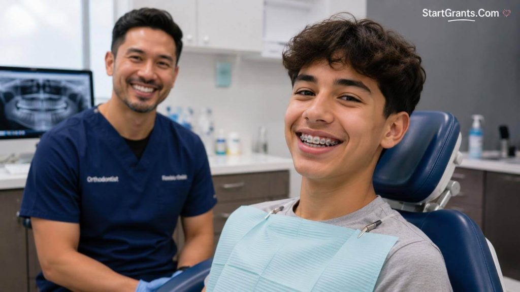 A happy child showing off their new braces in a dental clinic.