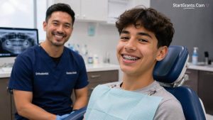A happy child showing off their new braces in a dental clinic.