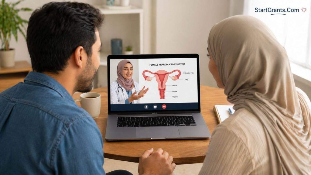 A couple consulting with a fertility specialist about tubal reversal surgery.