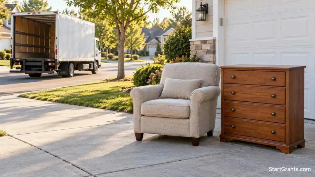 Armchair and wooden dresser staged on a driveway for a furniture donation pick-up.