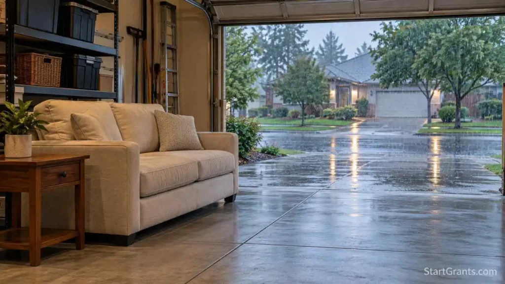 Sofa and wooden side table sheltered inside a dry garage while rain falls outside.