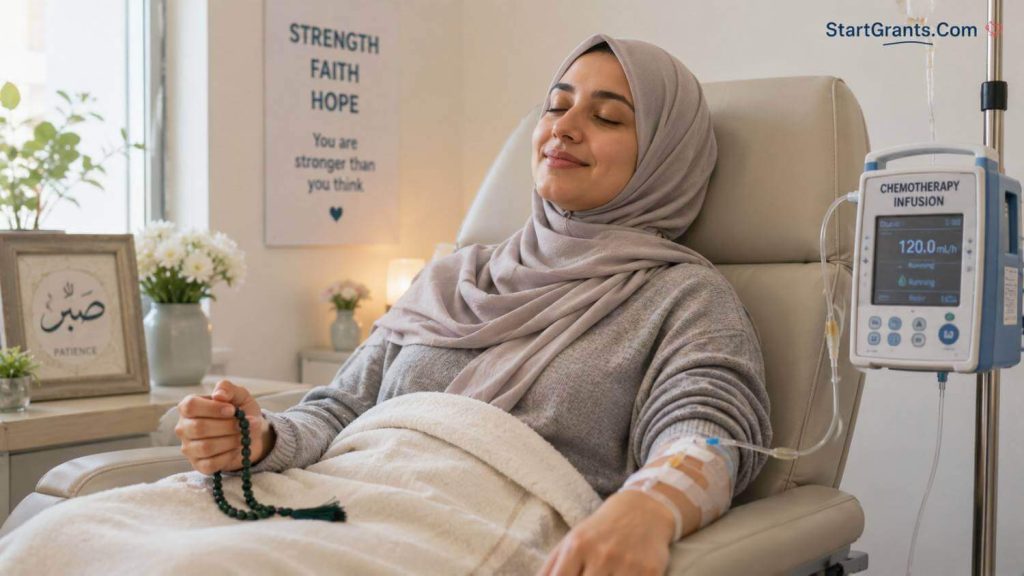 A Muslim cancer patient holding Tasbih during a chemotherapy session.