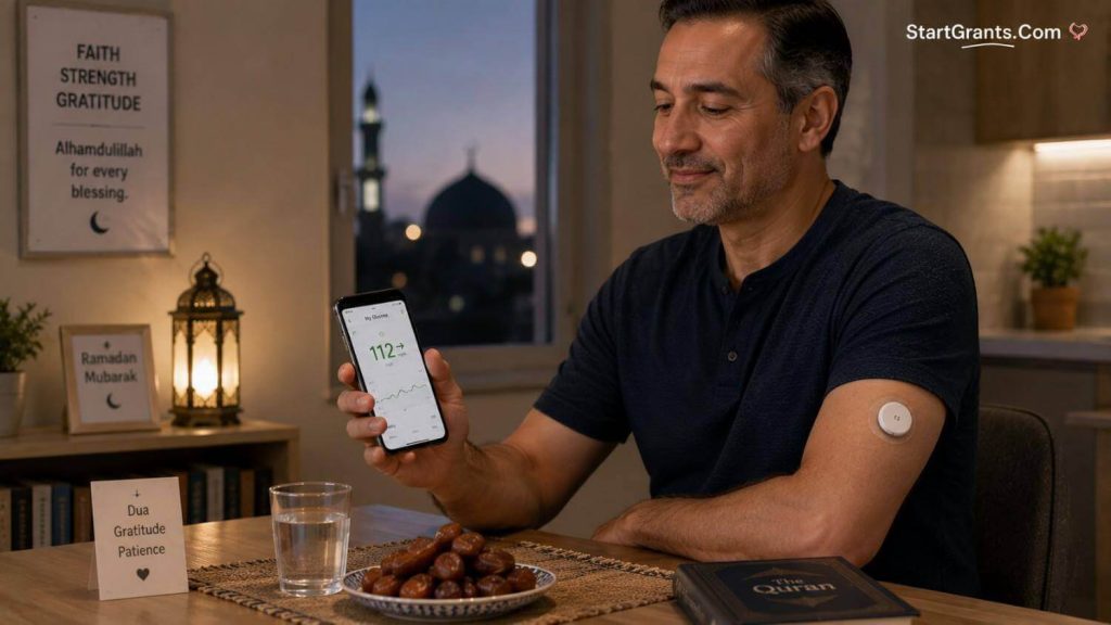 A Muslim patient checking blood sugar with a CGM before Iftar.