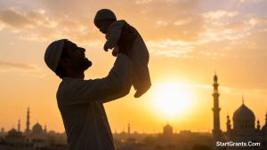 A father joyfully lifting his newborn baby into the air.
