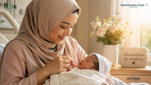 A Muslim mother holding her newborn baby's hand.