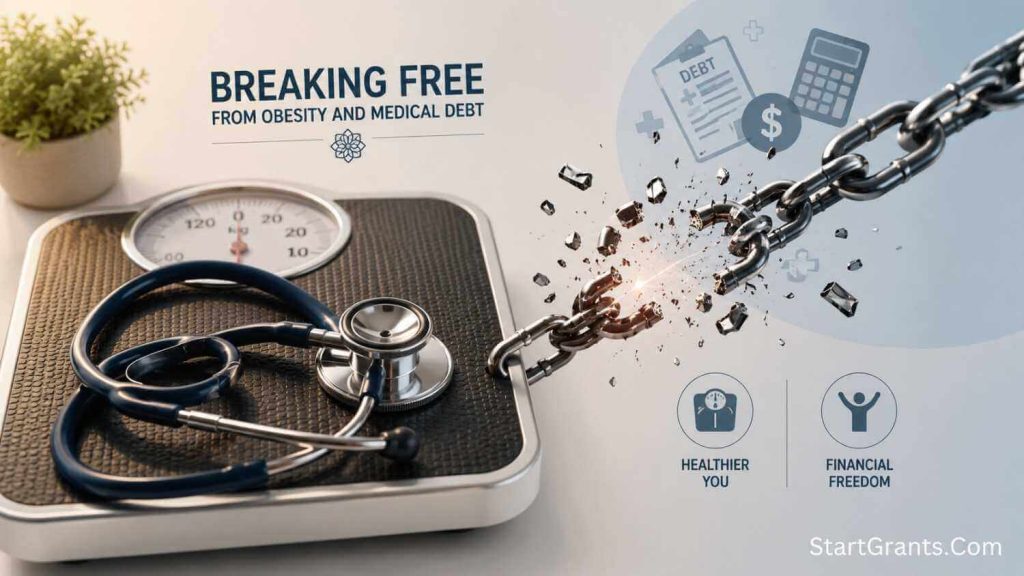 A stethoscope on a scale with a broken chain representing financial and physical freedom.