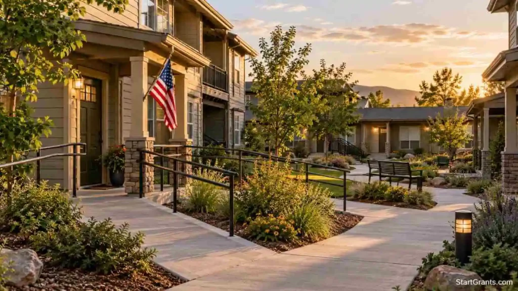 Home Depot donation request guide illustration of multifamily veteran housing with accessible entrances