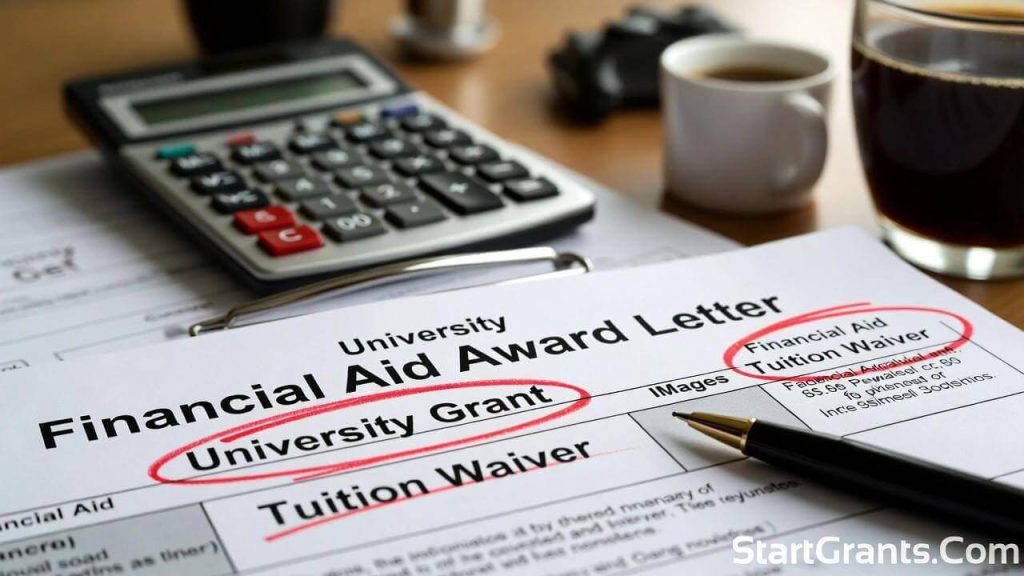 Details of a university financial aid award letter highlighting an institutional grant.