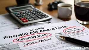 Details of a university financial aid award letter highlighting an institutional grant.