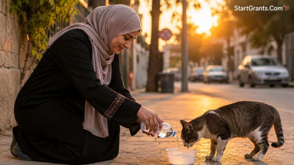 A Muslim woman in a hijab gently providing water to a thirsty stray animal on the street.