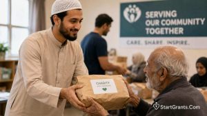 A young Muslim man respectfully giving charity and assisting an elderly person at a community center.