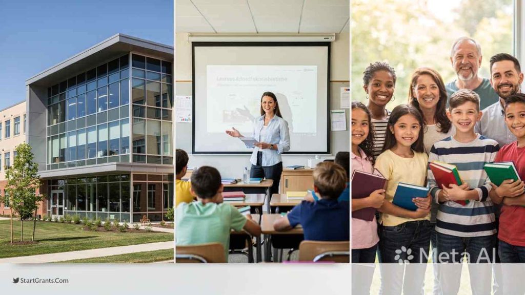 A comprehensive view of K-12 education showing students, a teacher, and modern school facilities funded by educational grants.