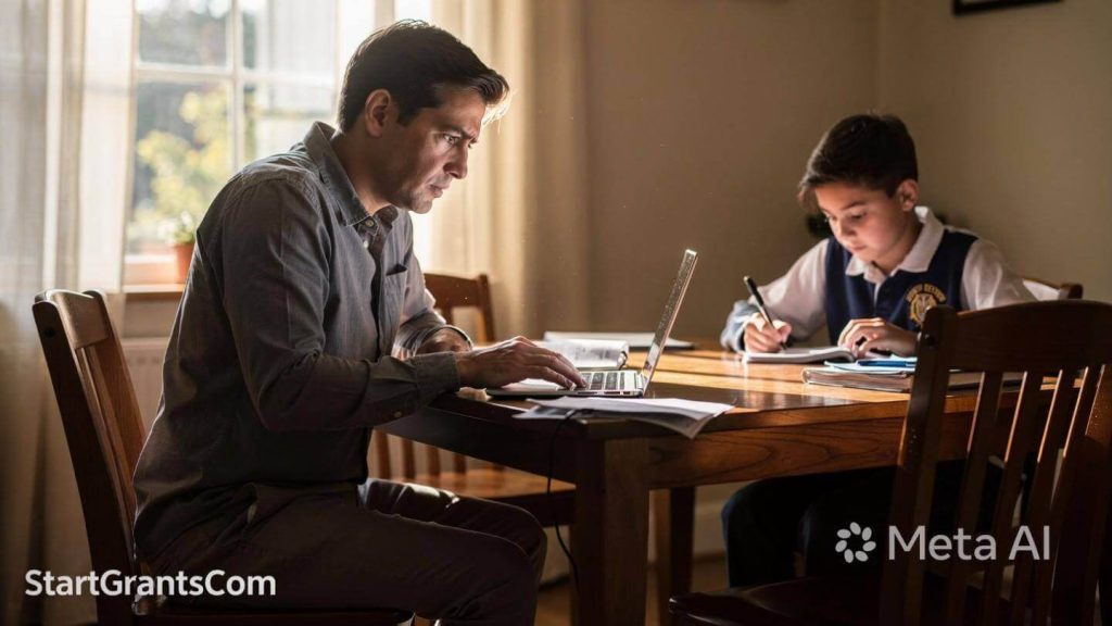 A parent sitting at a desk navigating online financial aid forms while a high school student studies in the background.