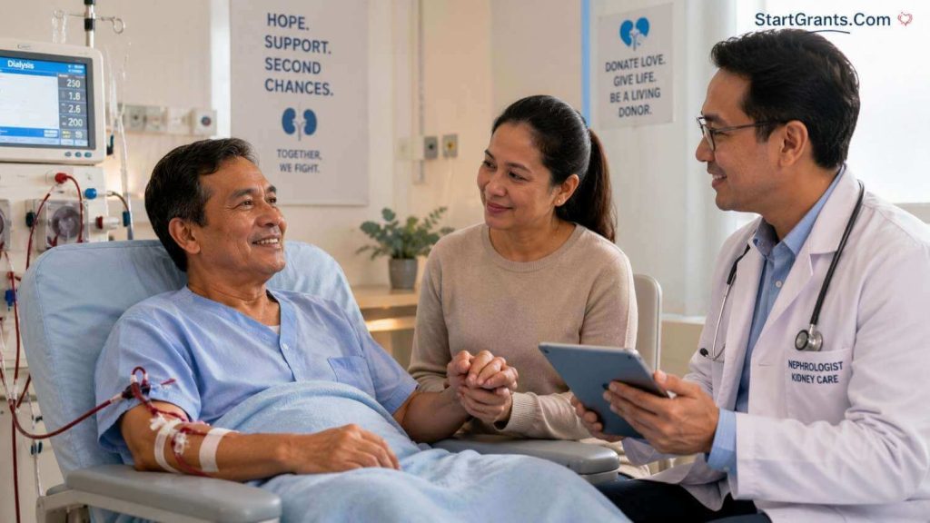 A kidney transplant patient and their living donor consulting with a doctor.