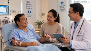 A kidney transplant patient and their living donor consulting with a doctor.