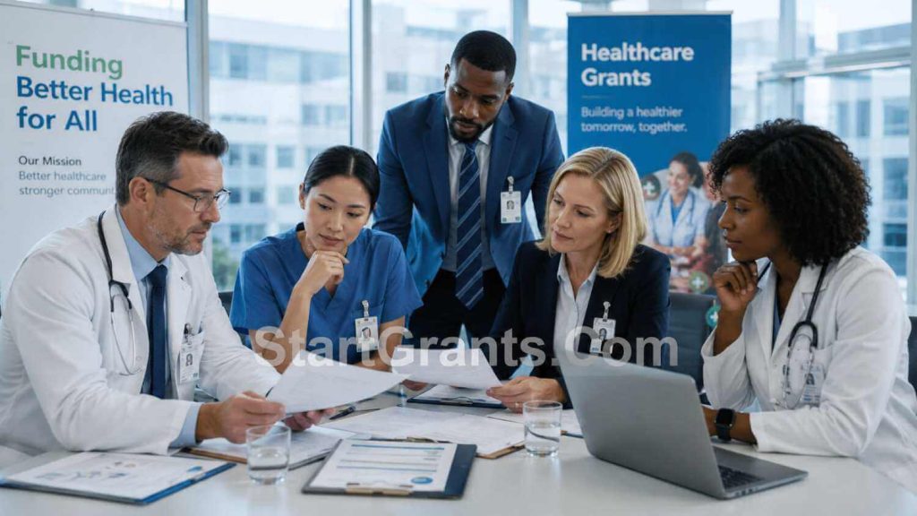 A diverse group of healthcare professionals and donors reviewing medical charity funds in a modern hospital.