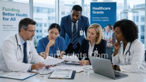 A diverse group of healthcare professionals and donors reviewing medical charity funds in a modern hospital.