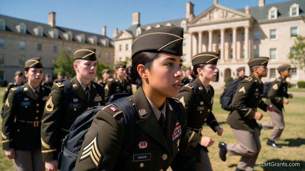 Army and Navy ROTC cadets training on campus funded by military scholarships and grants.