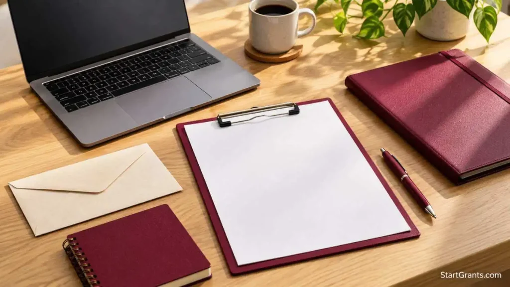 Laptop, blank application sheet, pen, and document folder arranged on a wooden desk.