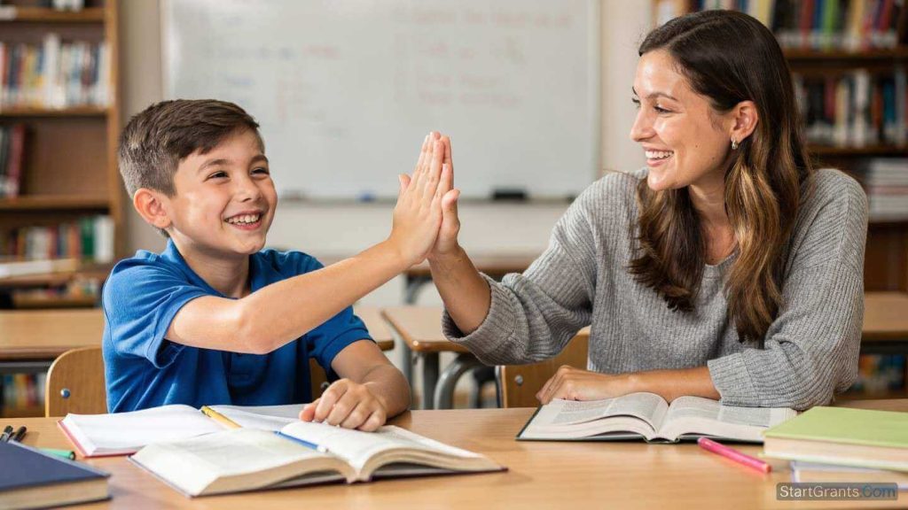A K-12 student high-fiving a private tutor funded by a corporate scholarship program.
