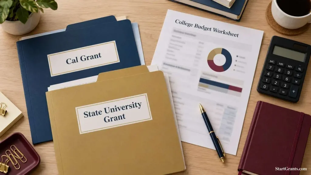 Cal Grant and State University Grant folders beside a calculator and college budget worksheet.